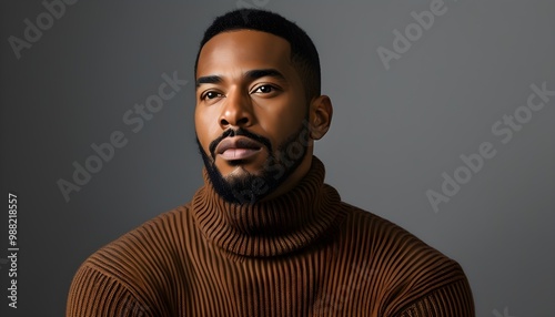 Contemplative portrait of a Black man in a warm brown turtleneck, with a neat beard, thoughtfully gazing into the distance against a subtle grey backdrop