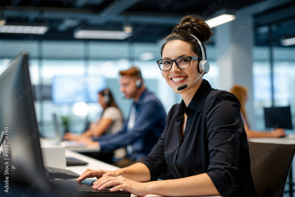 Smiling Woman Working in Customer Support Office.generative AI