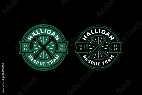 fireman hatchet or axe, retro badge logo design for fireman, survivor, rescuer and journey. shovel, hoe, mattock, hack, handspike emblem logo collection for wanderlust and firefighter