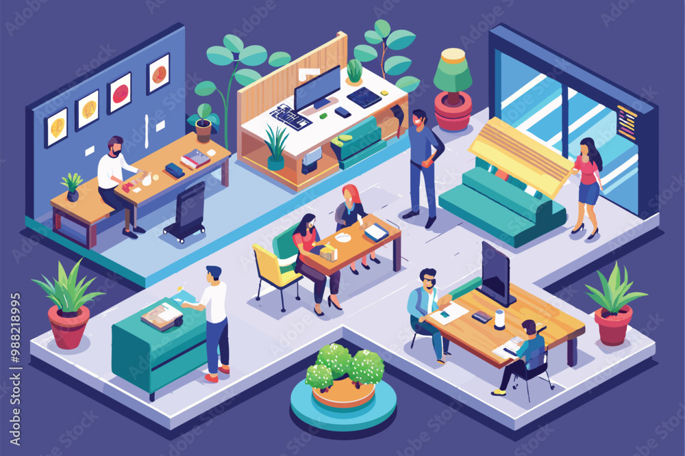 A vibrant coworking space showcases professionals collaborating, with modern furniture, plants, and flexible layouts promoting creativity and productivity. A vibrant coworking space showcases professionals collaborating, with modern furniture, plants, and flexible layouts promoting creativity and productivity.