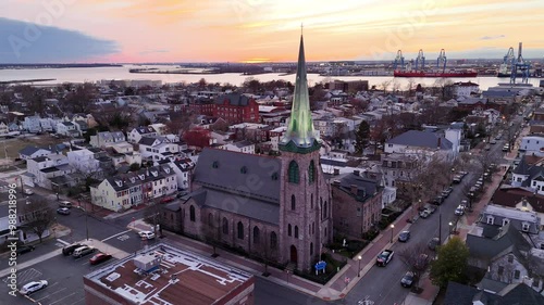 Aerial View of Old Church in the  Delaware Riverfront Town Gloucester New Jersey
