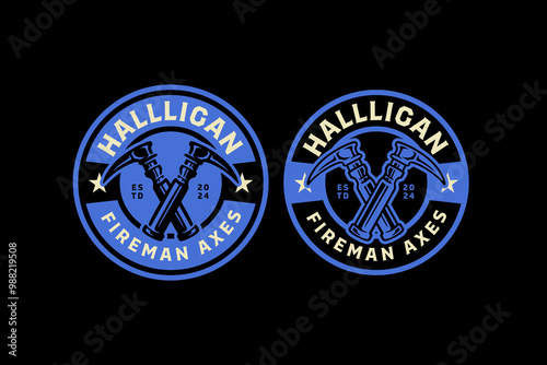 mattock, hoe, hack retro badge logo design for fireman, survivor, rescuer and journey. shovel, crowbar, handspike emblem logo collection for wanderlust and firefighter