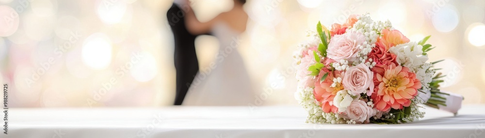A beautiful wedding bouquet in soft focus, symbolizing love and celebration, with a romantic couple dancing in the background. A beautiful wedding bouquet in soft focus, symbolizing love and celebration, with a romantic couple dancing in the background.