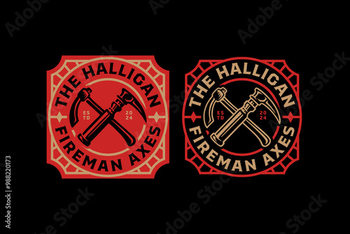 mattock, shovel, hoe, hack retro badge logo design for fireman, survivor, rescuer and journey. crowbar, handspike emblem logo collection for wanderlust and firefighter