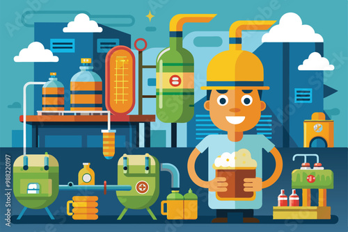 A cheerful character stands with a frothy beer in hand, surrounded by colorful brewing equipment and tanks in a lively brewery environment.