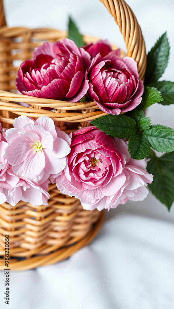 Pink and Red Flowers in a Wicker Basket Pink and Red Flowers in a Wicker Basket