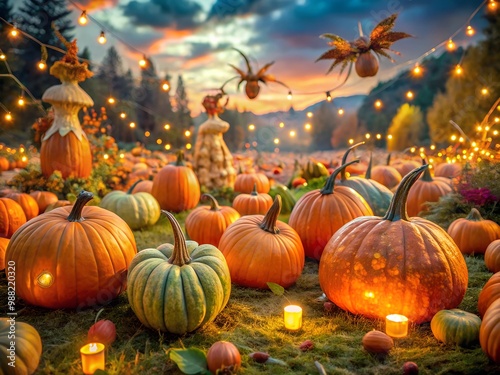 A magical pumpkin patch filled with oversized pumpkins