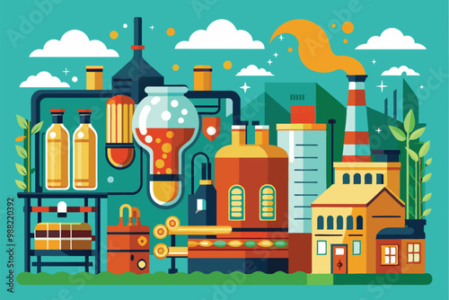 A dynamic brewery setup showcases the craft beer manufacturing process with customizable equipment amid a colorful industrial backdrop.