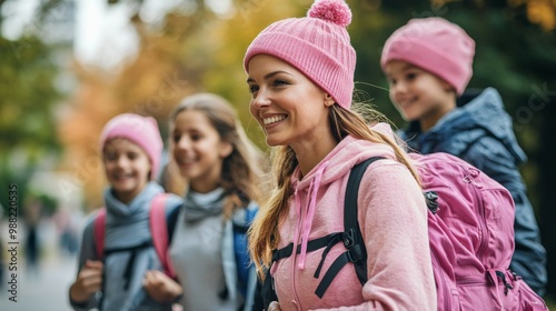 A woman and her family preparing for a breast cancer awareness walk