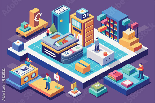 Workers perform tasks in a vibrant office space, collaborating on projects while interacting with innovative technology and organized storage solutions.
