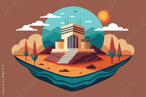 A striking illustration depicts a unique building surrounded by mountains, trees, and a vibrant sky during sunset, creating a serene atmosphere.