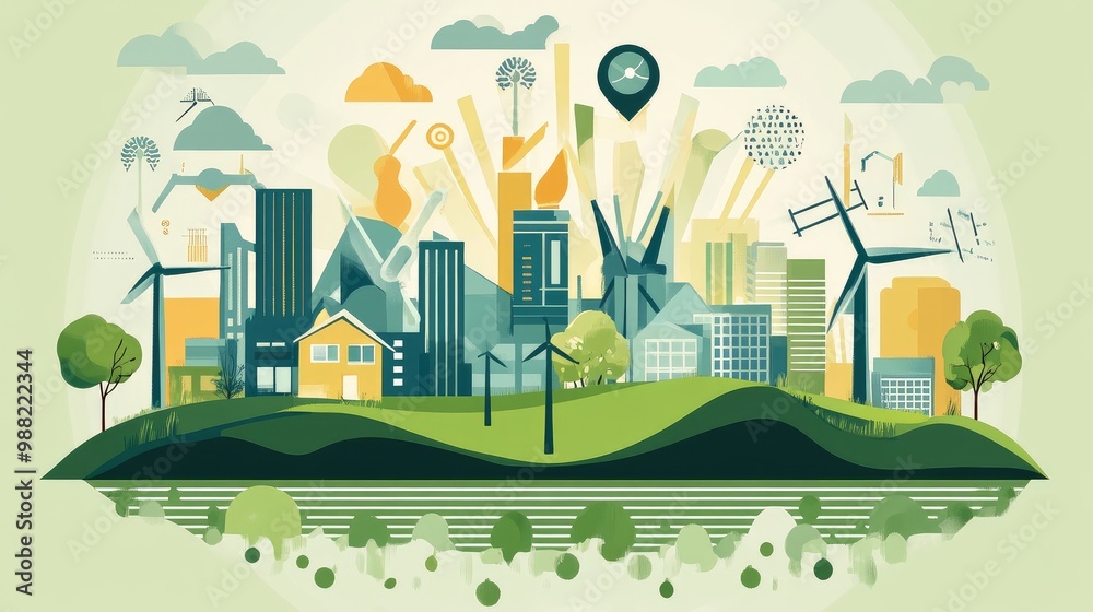 Fototapeta premium A corporate report page with visuals of renewable energy projects, highlighting environmental sustainability and social responsibility initiatives.