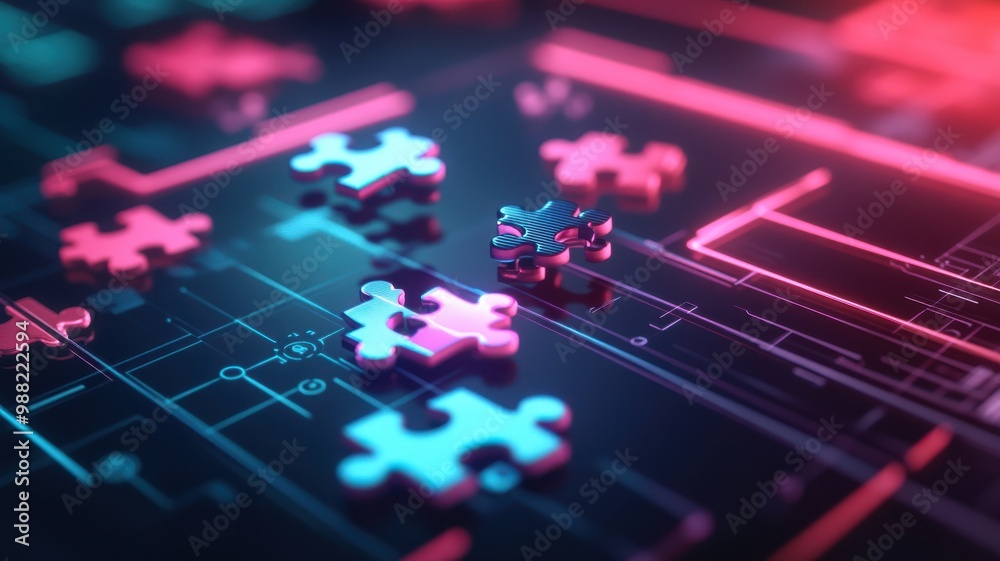 A dynamic composition of colorful puzzle pieces on a digital circuit board, representing connectivity and problem-solving. A dynamic composition of colorful puzzle pieces on a digital circuit board, representing connectivity and problem-solving.