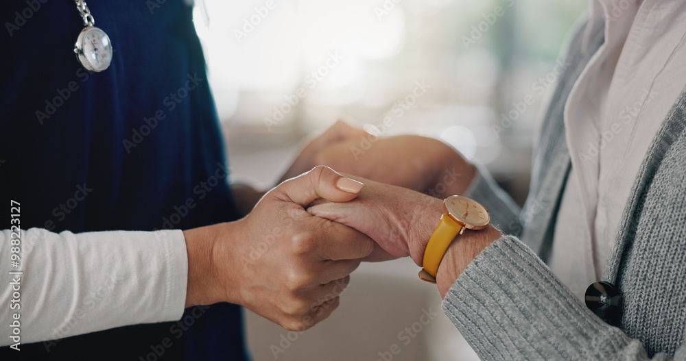 People, healthcare and holding hands with nurse in support for consultation, empathy and kindness. Caregiver, compassion and gesture of help in nursing home for medical assistance, service and trust