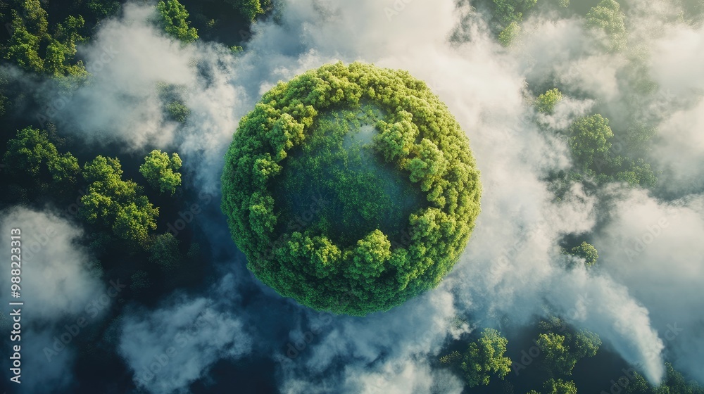A green earth surrounded by a CO2 cloud being absorbed by trees, showing the balance between emissions and environmental health. A green earth surrounded by a CO2 cloud being absorbed by trees, showing the balance between emissions and environmental health.