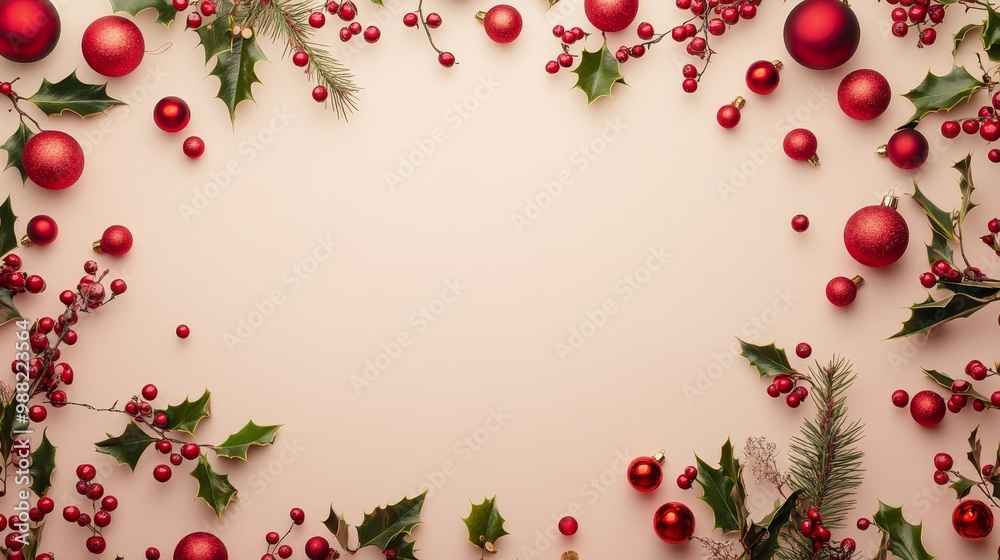 Festive Christmas Decoration Background with Red Baubles, Green Garlands, and Holly Leaves on Pink with Soft Morning Light for Copy Space Festive Christmas Decoration Background with Red Baubles, Green Garlands, and Holly Leaves on Pink with Soft Morning Light for Copy Space