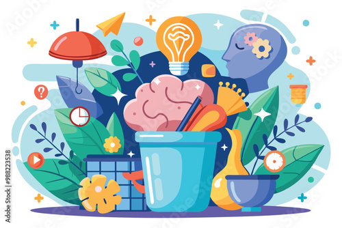 A vibrant illustration showcases creativity through waste items, emphasizing mental health efficiency with symbolic objects and playful elements.