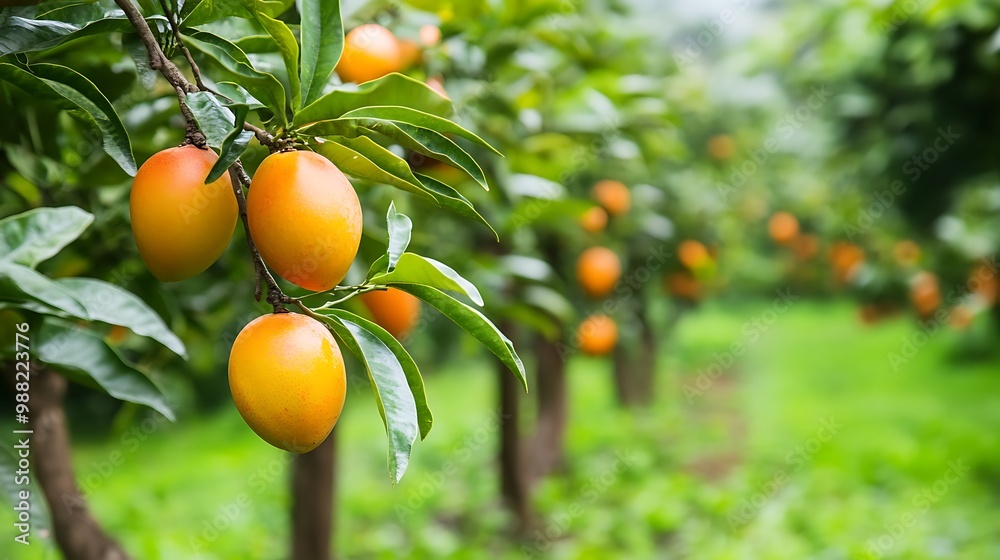 A vibrant tropical orange garden filled with fruit and lush trees
A vibrant tropical orange garden filled with fruit and lush trees
