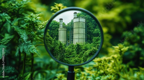 A magnifying glass focuses on a modern power plant amidst lush greenery, representing clean energy initiatives and reduced CO2 emissions for a greener future.