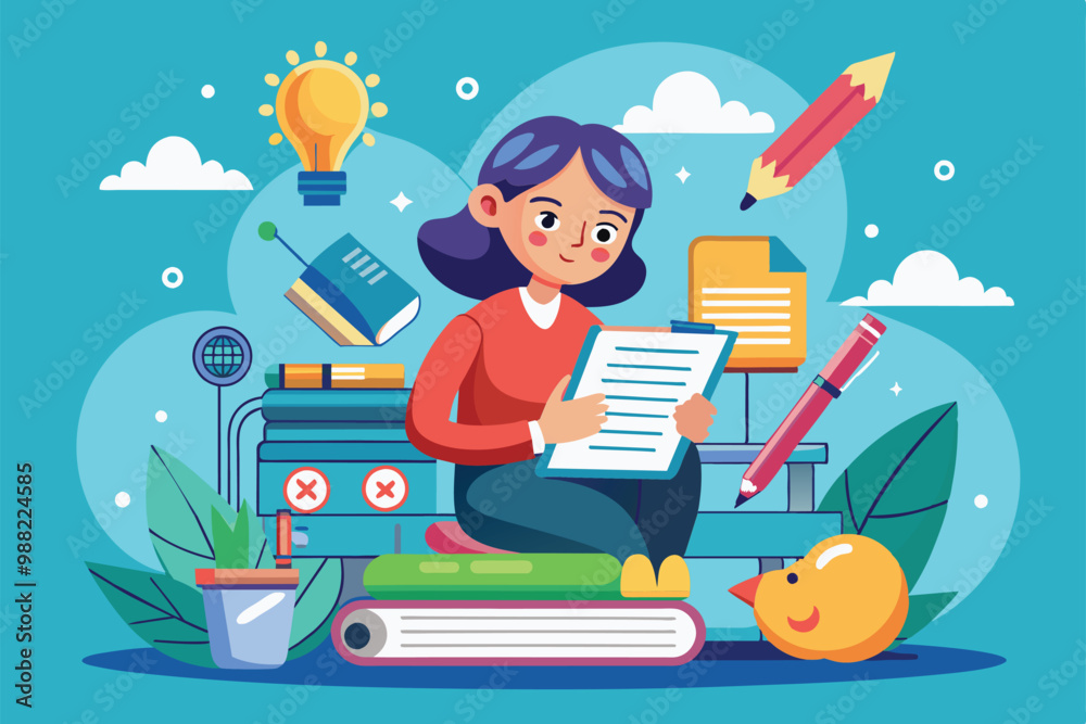 A girl sits on stacked books, reading intently, while colorful school supplies and creative elements surround her in a bright, inviting setting. A girl sits on stacked books, reading intently, while colorful school supplies and creative elements surround her in a bright, inviting setting.