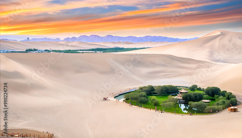 Magnificent view of Mingsha Mountain at sunset, where desert and sky meet. photo