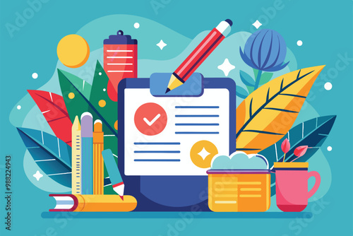 A collection of writing tools and notes surrounded by vibrant foliage, showcasing creativity and inspiration in a cheerful setting.