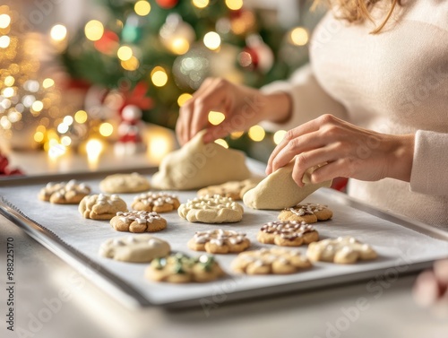 A person decorates freshly baked cookies in a cozy kitchen, surrounded by festive holiday decorations and warm lights.