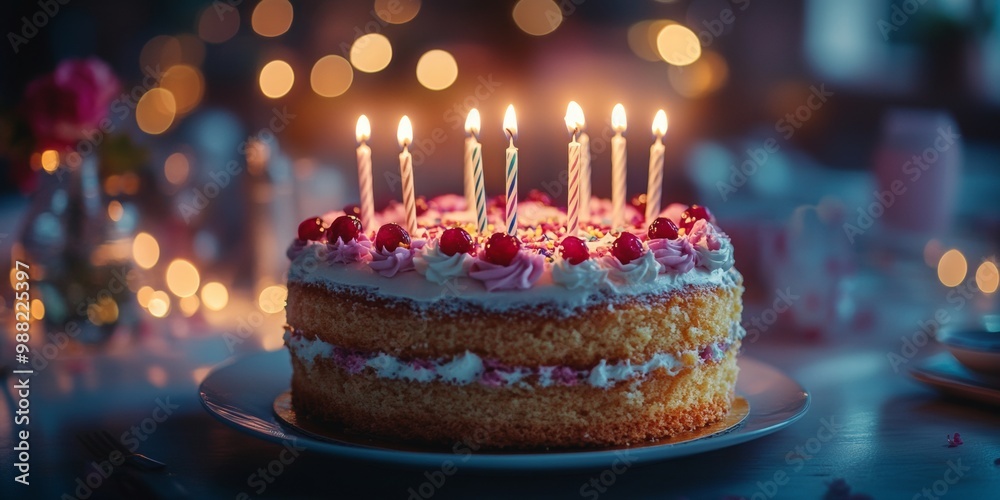Birthday celebration cake adorned with glowing candles, festive atmosphere in the background, creating a joyful party ambiance. Birthday celebration cake adorned with glowing candles, festive atmosphere in the background, creating a joyful party ambiance.