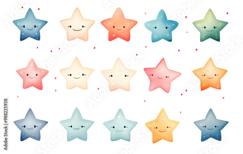 Collection of colorful star shapes on a white background.