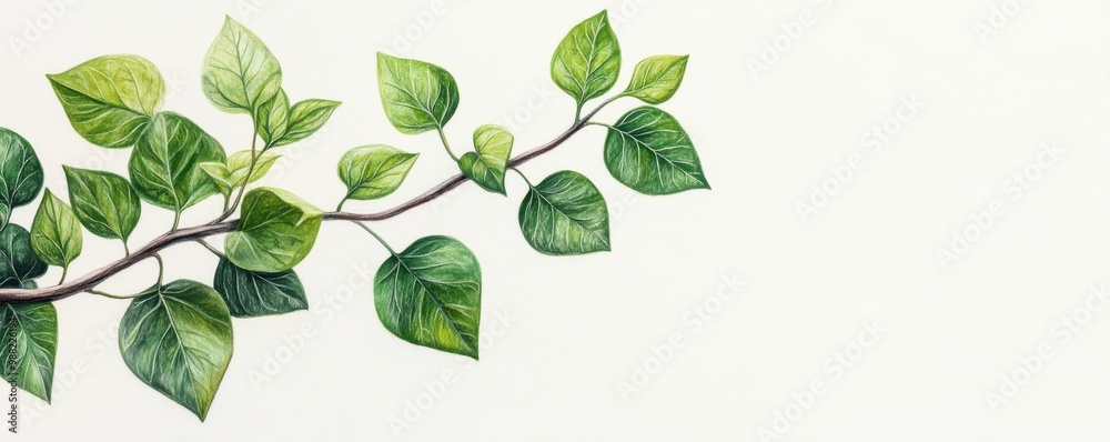 Obraz premium A serene composition of vibrant green leaves on a branch, perfect for nature-inspired design and organic themes.