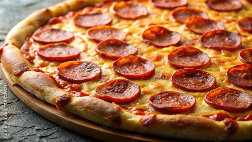 Closeup of an American-style pepperoni pizza with golden crust and sliced, pizza, American, pepperoni, golden, crust, delicious Closeup of an American-style pepperoni pizza with golden crust and sliced, pizza, American, pepperoni, golden, crust, delicious