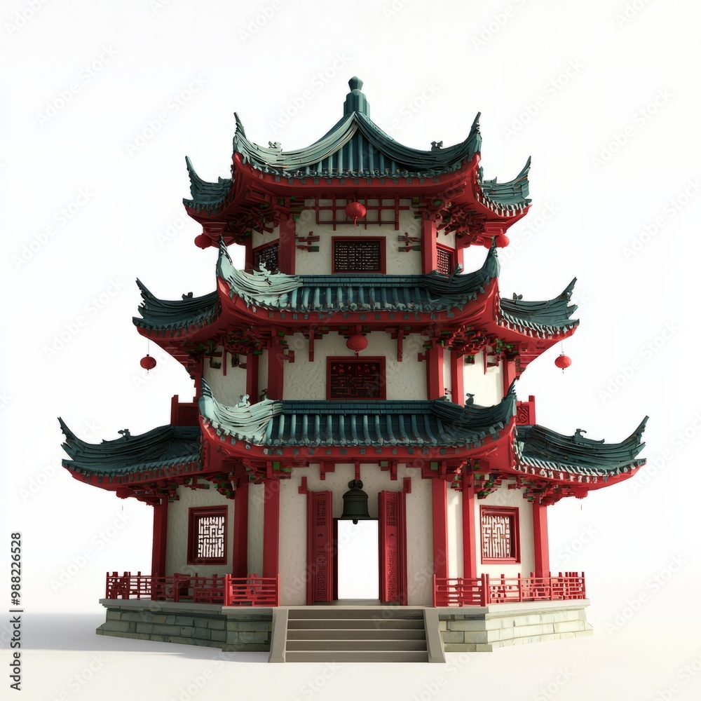 3D Render of a Chinese temple with traditional drum and bell towers, on isolated white background 3D Render of a Chinese temple with traditional drum and bell towers, on isolated white background
