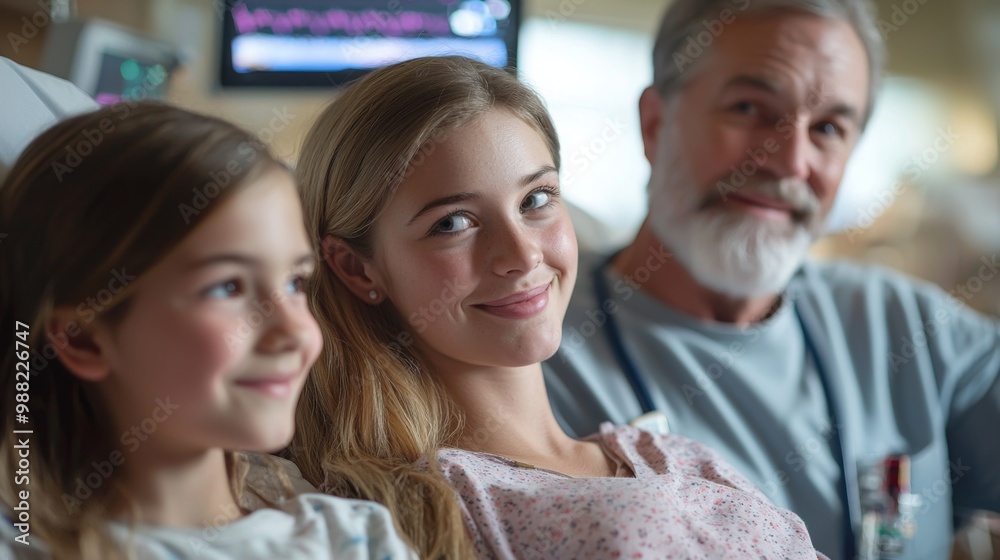 A family gathered around a breast cancer patient in a hospital A family gathered around a breast cancer patient in a hospital