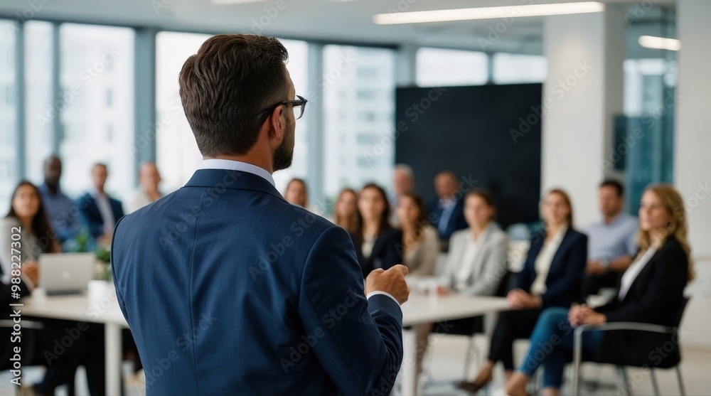 Confident businessman giving a presentation in front of crowd in meeting conference seminar room. Leadership authority teamwork in business concept Confident businessman giving a presentation in front of crowd in meeting conference seminar room. Leadership authority teamwork in business concept