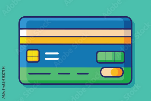 A vibrant illustration of a customizable credit card featuring bold colors and distinct design elements on a solid turquoise backdrop.