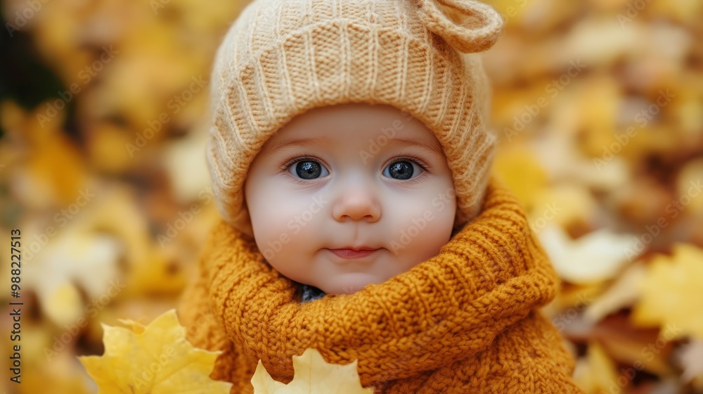 Autumn Baby Portrait In Fall Yellow Leaves, Little Child In Woolen Hat, Beautiful Kid in Park Outdoor, Knitted Clothing for October Season