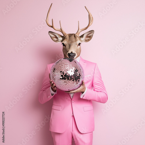Portrait of reindeer in pink suit holding shiny disco ball. Merry Christmas and Happy New Year Background.
