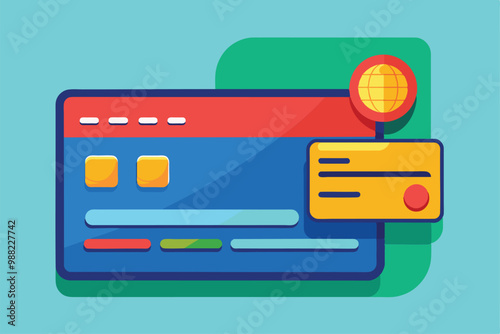 A colorful digital credit card payment interface showcases key features for online transactions, emphasizing the global aspects of payment processing.