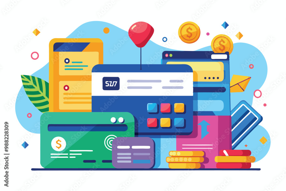Colorful digital representations of customizable credit card payments, featuring coins and elements that suggest online transactions in a vibrant setting. Colorful digital representations of customizable credit card payments, featuring coins and elements that suggest online transactions in a vibrant setting.