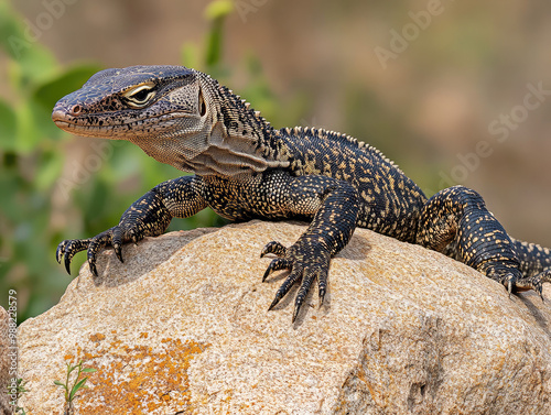 Close-up of Lace Monitor Lizard Resting on a Rock