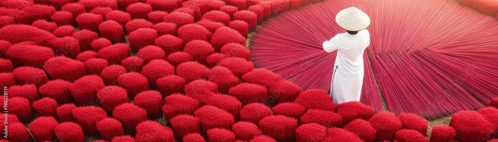 Obraz premium A serene scene featuring a person in traditional attire surrounded by vibrant red objects, showcasing cultural beauty and harmony.