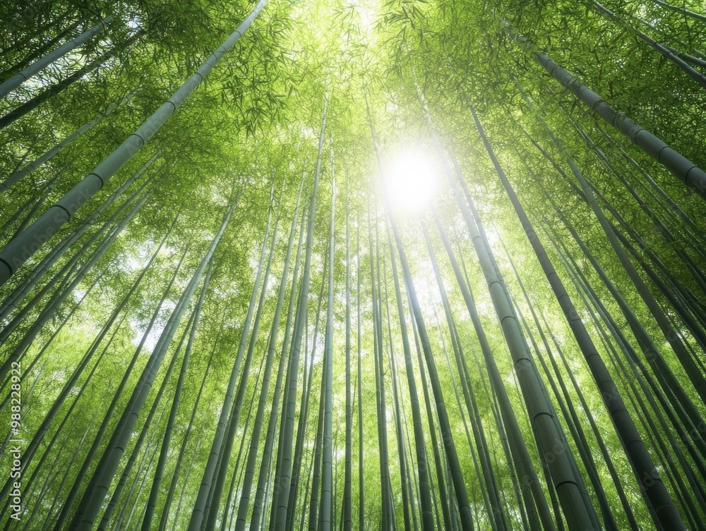 A serene view of a bamboo forest, showcasing lush green stalks reaching towards the sunlight, creating a peaceful atmosphere. A serene view of a bamboo forest, showcasing lush green stalks reaching towards the sunlight, creating a peaceful atmosphere.