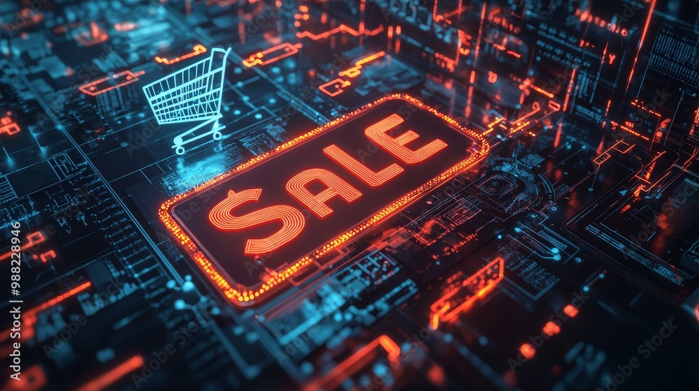Fototapeta premium Neon sale sign in a high-tech virtual landscape with digital shopping elements