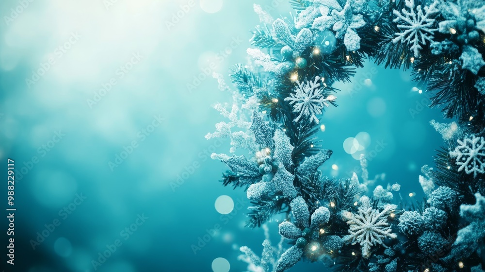 Festive Christmas Wreath Elements with Snowflakes and Fairy Lights on Teal Background with Copyspace, Illuminated by Daylight Festive Christmas Wreath Elements with Snowflakes and Fairy Lights on Teal Background with Copyspace, Illuminated by Daylight