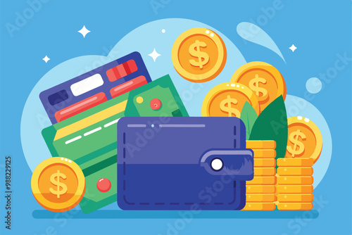A wallet rests among stacked coins, banknotes, and credit cards on a vibrant blue background, depicting a scene of financial resources.