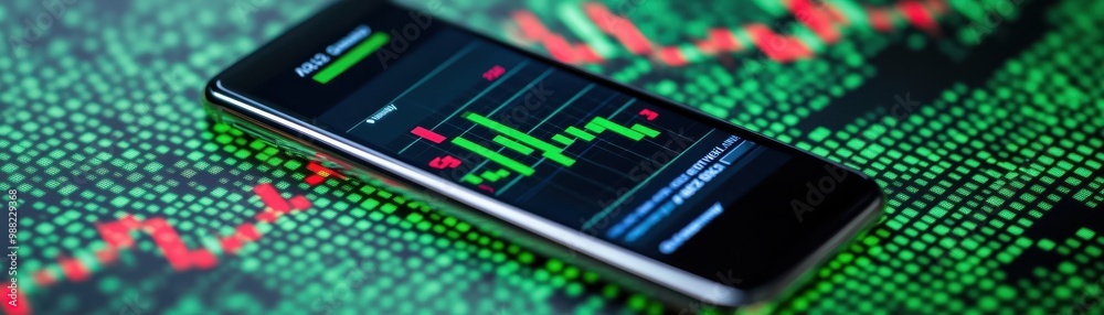 A smartphone displaying a financial chart on a vibrant green digital backdrop, symbolizing investment and market trends.