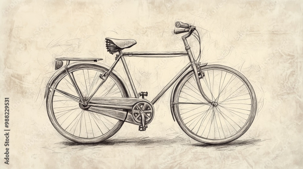 Naklejka premium Hand-drawn pencil sketch of a vintage bicycle with intricate detailing on textured background