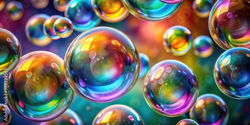 Abstract background of colorful soap bubbles floating, sparkling, vibrant, ethereal,reflection, iridescent, rainbow