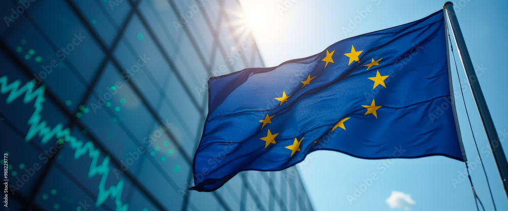 European Union Flag Waving Against Blue Sky European Union Flag Waving Against Blue Sky
