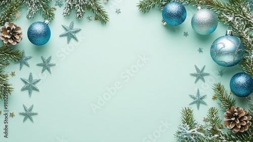 Festive Blue Baubles and Glittery Stars Flat Lay on Light Green Background with Space for Text, Holiday Ambiance with Natural Morning Light photo